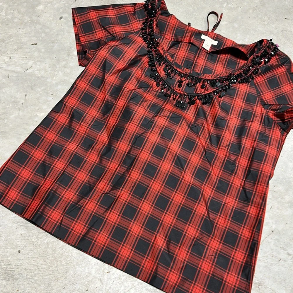 J. Crew Plaid Eliza Tee Short Sleeve Blouse 100%‎ Silk Size 8 / Ww-27